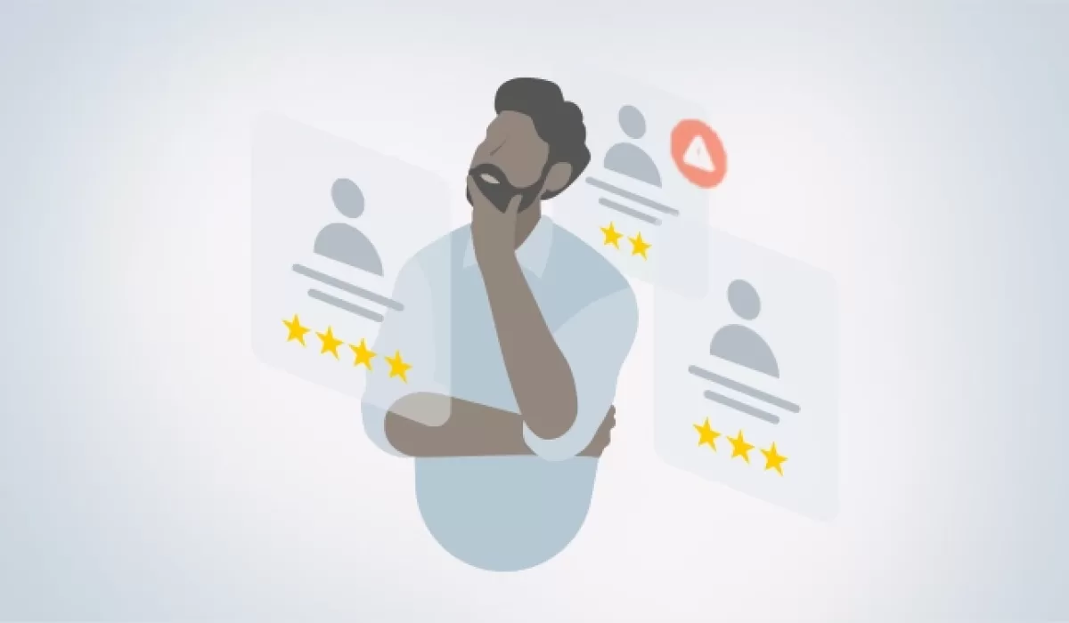 Illustration of a person evaluating third-party profiles with star ratings and a warning icon in the background