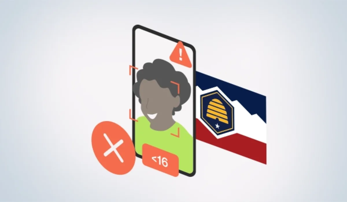 Graphic showing a minor under 16 blocked from online access, with Utah state flag in the background, symbolizing Utah Age Verification Law.