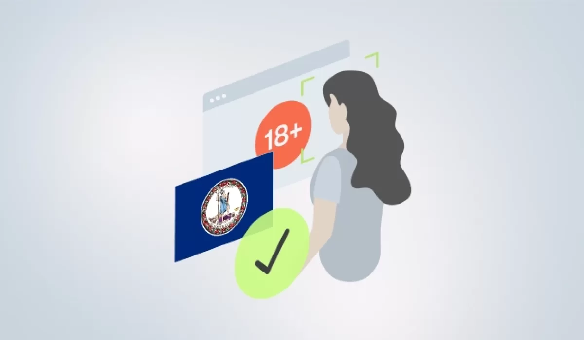 Illustration of a woman undergoing online age verification with 18+ label, Virginia state flag, and green checkmark symbolizing approval.