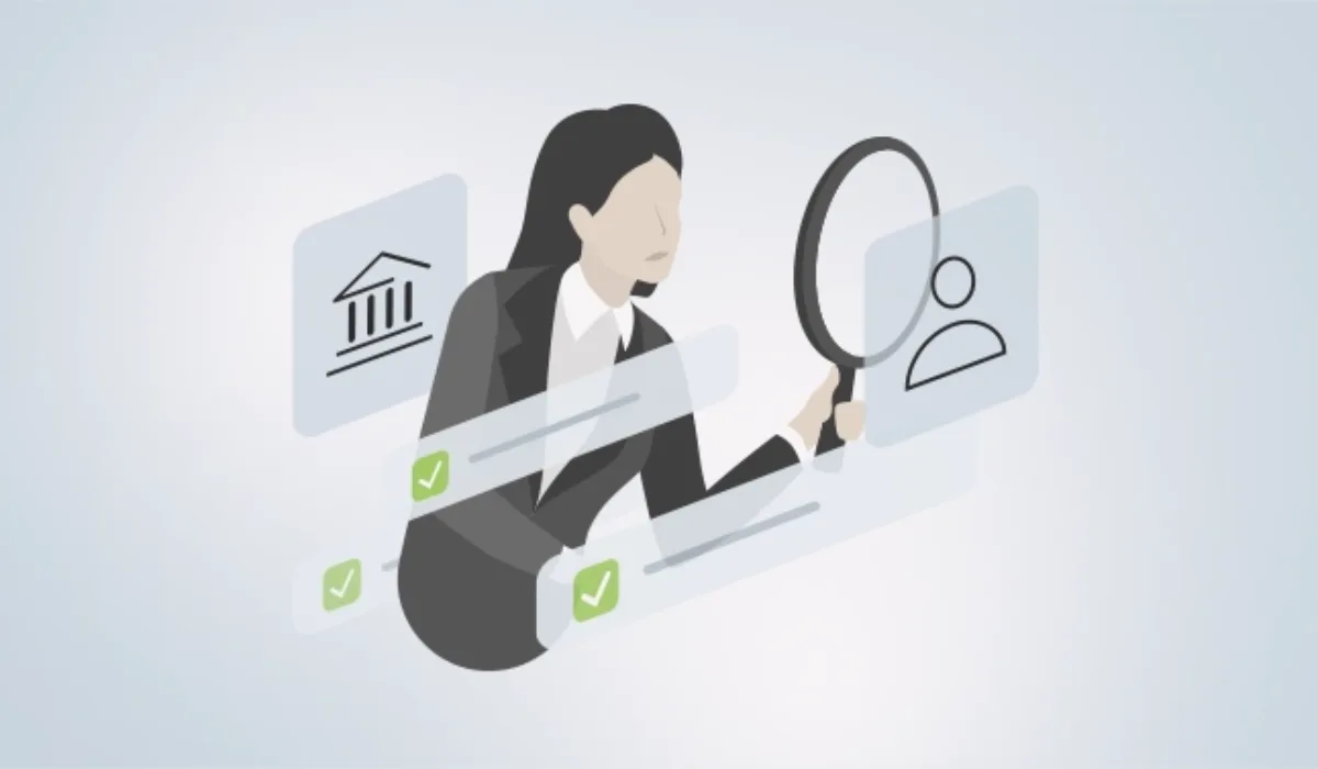 Illustration of a businesswoman in a black blazer holding a magnifying glass, examining a user icon. Behind her are floating UI elements with a bank building icon and green checkmarks, representing due diligence checks in banking.