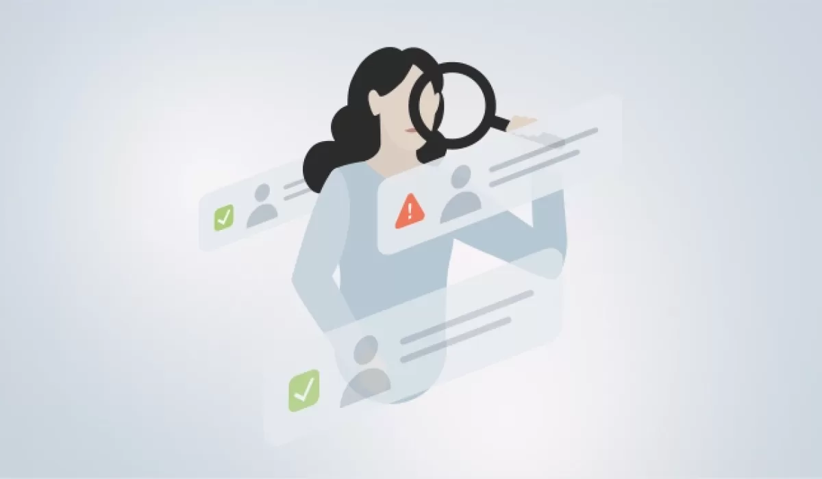 Illustration of a woman holding a magnifying glass, symbolizing identity screening or user verification. Floating user profile cards appear around her, featuring icons such as green checkmarks for verified users and red warning signs for flagged individuals. Light background with soft blue and grey tones.