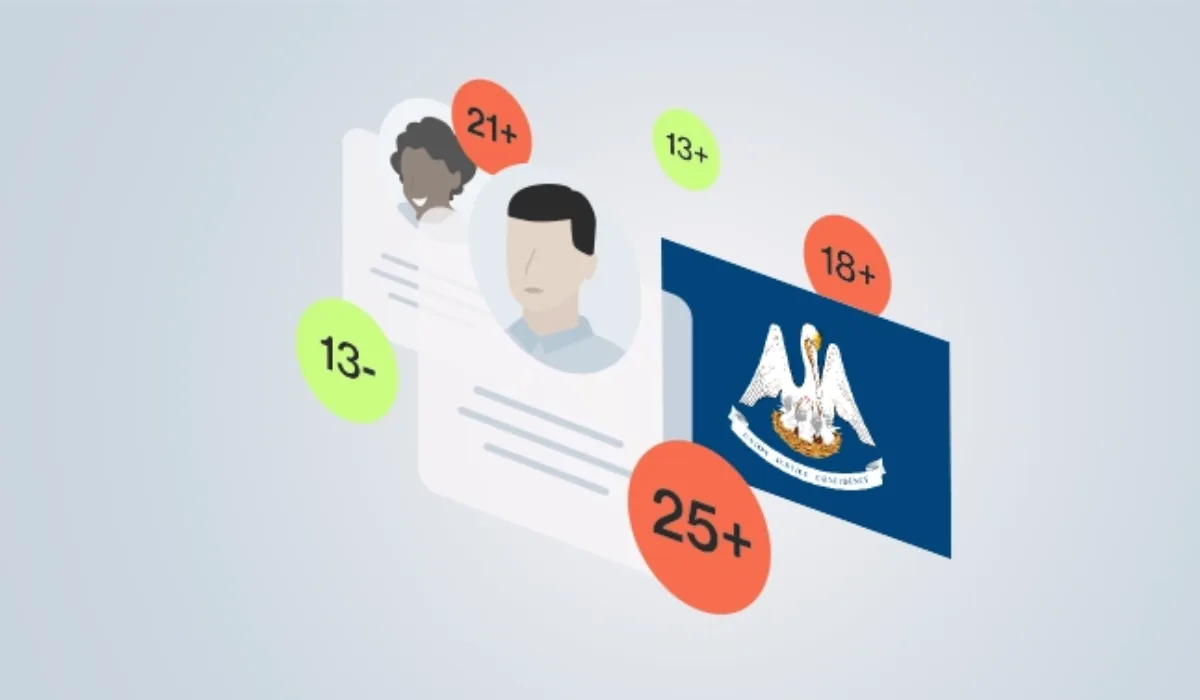 Illustration of user profiles with age restriction labels 13+, 18+, 21+, and 25+, alongside the Louisiana state flag, representing Louisiana Age Verification Law.