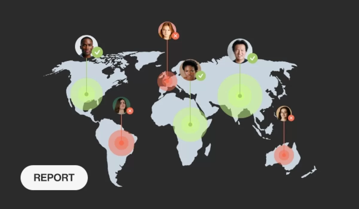 World map showing global age verification compliance, with user profile icons marked with green check or red cross indicators.