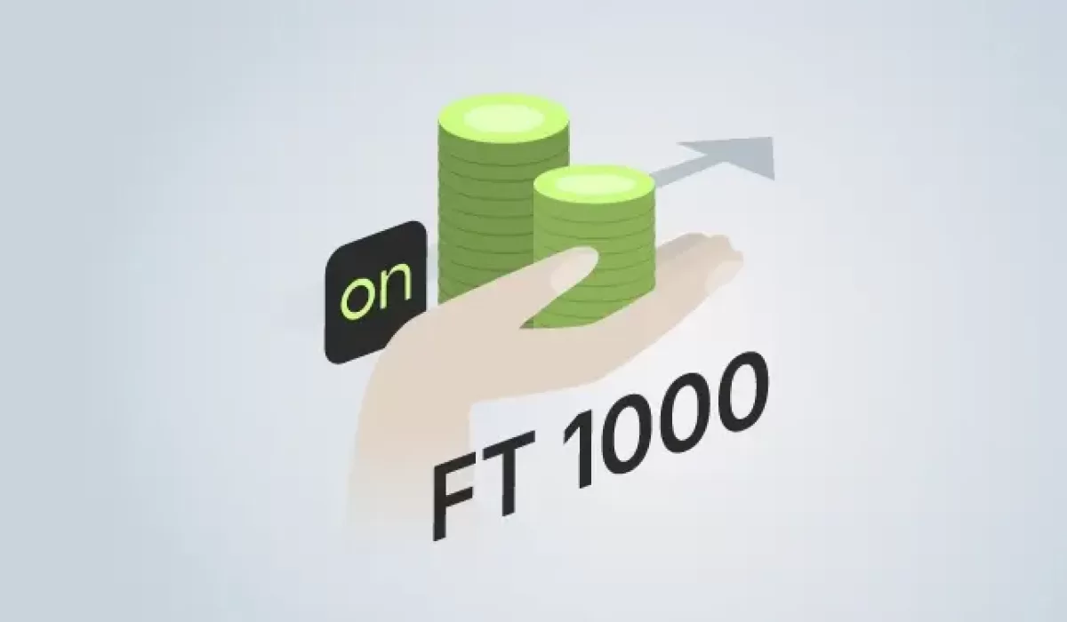 Illustration of a hand holding stacked coins with an upward arrow and text ‘FT 1000’, representing Ondato’s inclusion in the Financial Times 1000 fastest growing companies list.