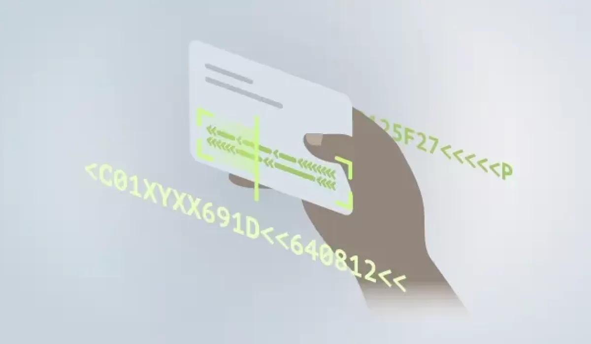 Illustration of a hand holding an ID document with machine-readable zone (MRZ) highlighted in green, showing alphanumeric codes extracted for identity verification purposes.