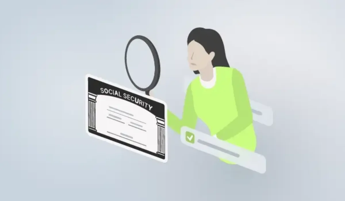 Illustration of a person holding a large magnifying glass examining a Social Security card, symbolizing the process of SSN verification and identity validation. A green checkmark indicates successful verification.