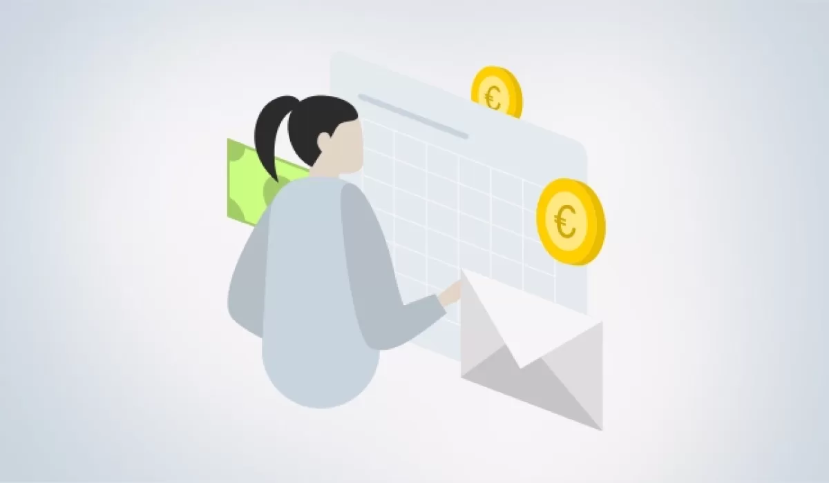 Illustration of a person facing a large calendar with euro coins and an envelope, symbolizing DAC7 reporting and financial compliance.