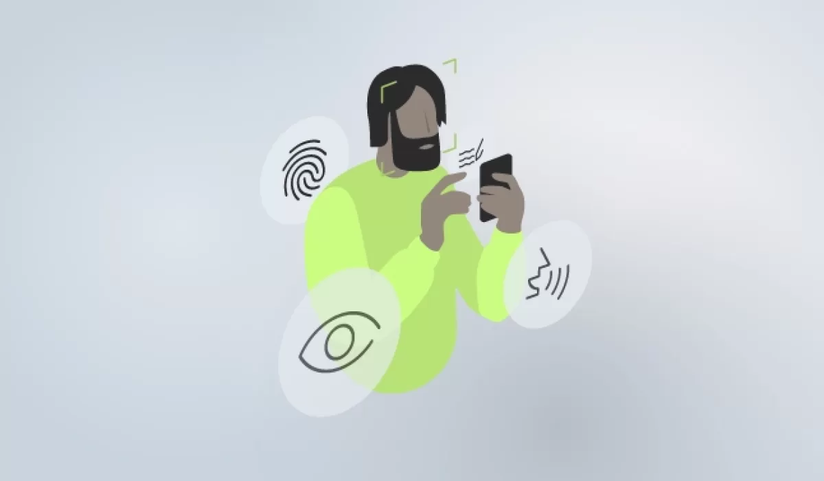 Illustration of a person holding a smartphone surrounded by fingerprint, eye scan, and voice recognition icons