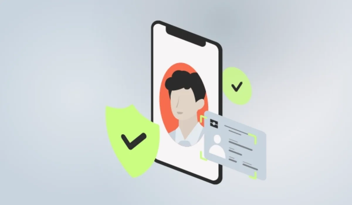 Illustration of digital identity verification showing a smartphone with a user’s profile photo, an ID card, and security check marks.