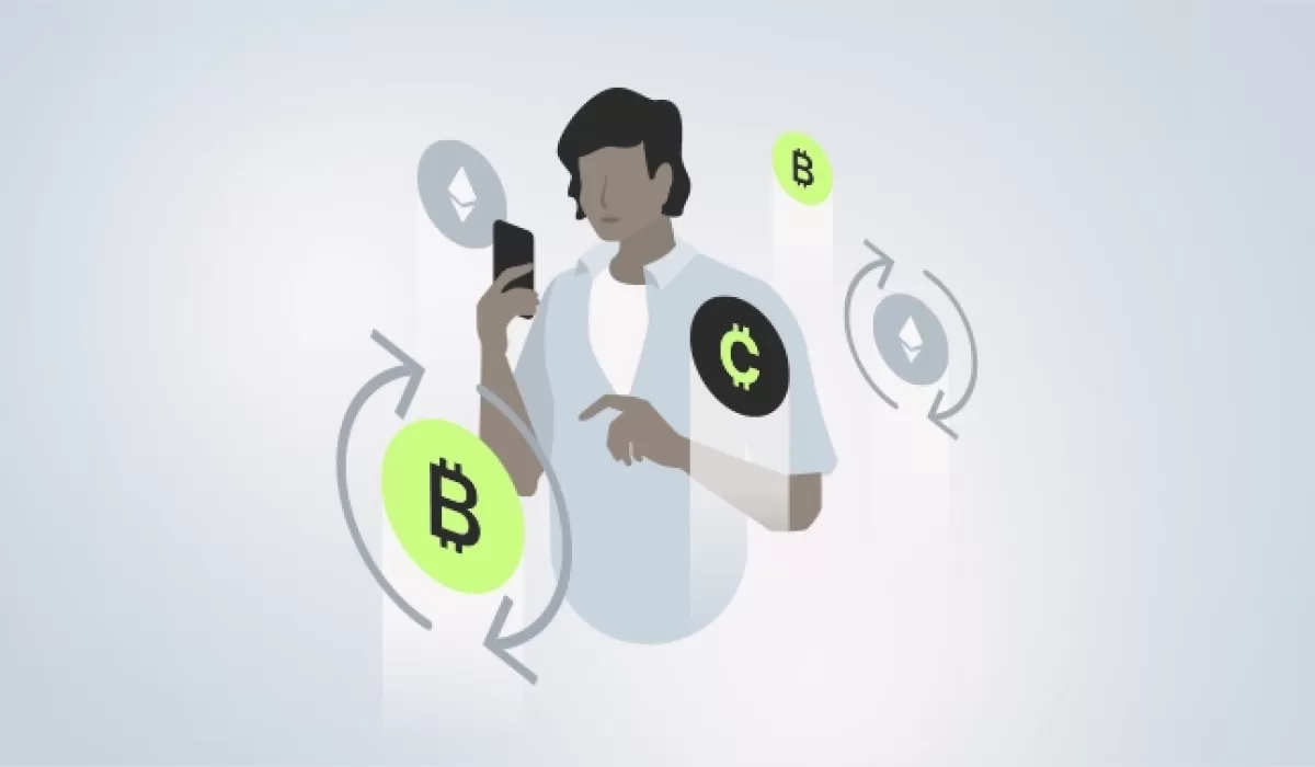 Illustration of a person using a mobile phone surrounded by cryptocurrency icons including Bitcoin, Ethereum, and stablecoins, with circular arrows indicating digital asset exchanges and blockchain transactions.