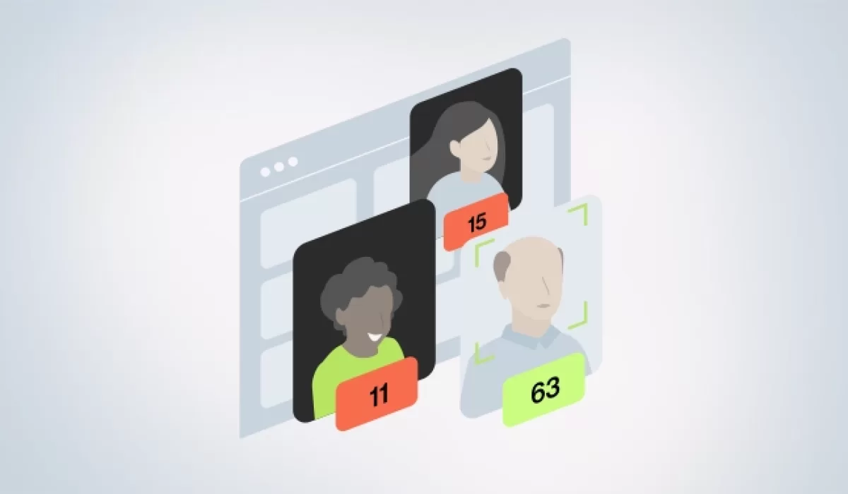 Illustration of digital age verification showing three user profiles with detected ages 11, 15, and 63 displayed on a computer interface.
