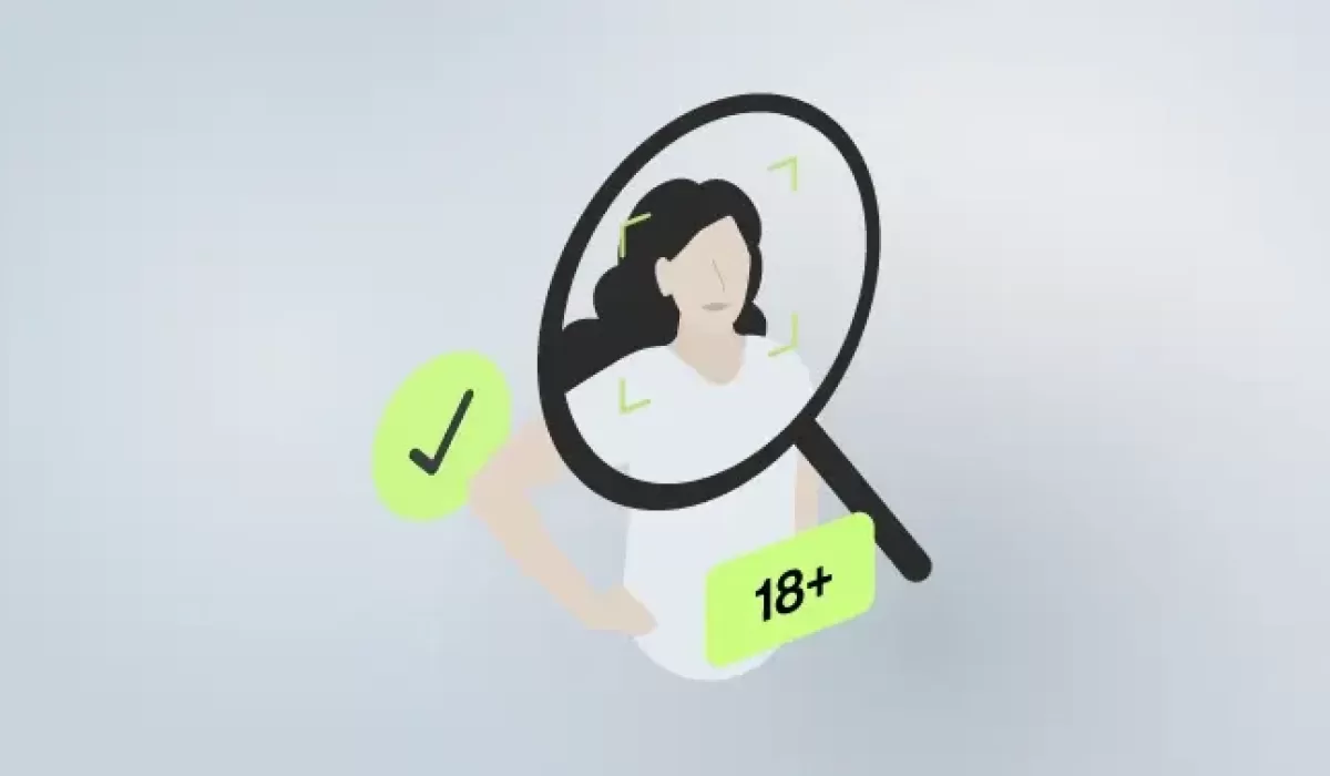 Illustration of a person under a magnifying glass with a checkmark and 18+ symbol, representing online age assurance and verification.