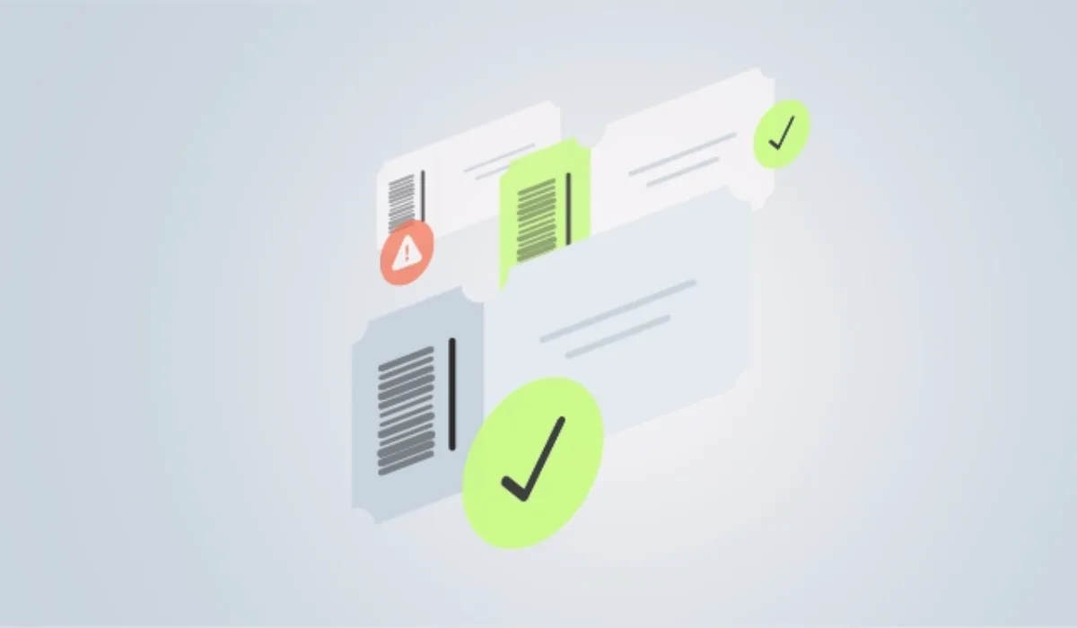 Illustration of multiple digital tickets with barcode icons, including checkmarks for verified tickets and an alert symbol for a suspicious one.