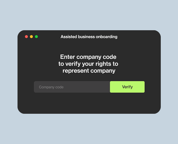 Assisted business onboarding enter company code screen