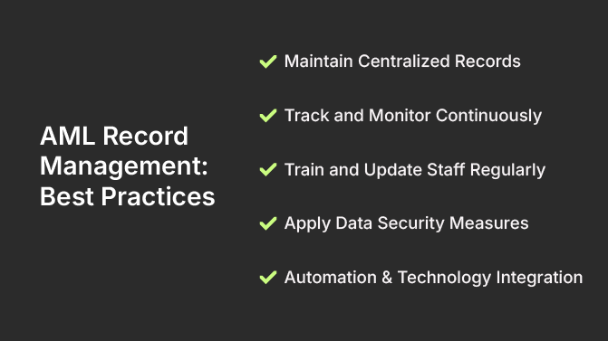 AML Record Management: Best Practices:
Maintain Centralized Records;
Track and Monitor Continuously;
Train and Update Staff Regularly;
Apply Data Security Measures;
Automation & Technology Integration