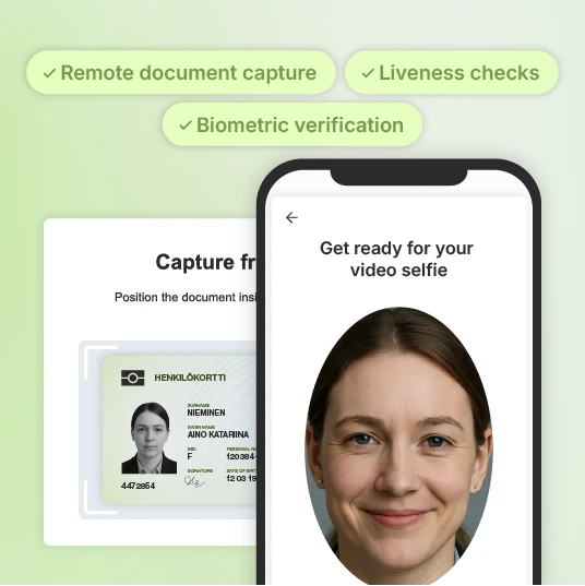 Biometric verification interface with video selfie prompt and ID document capture