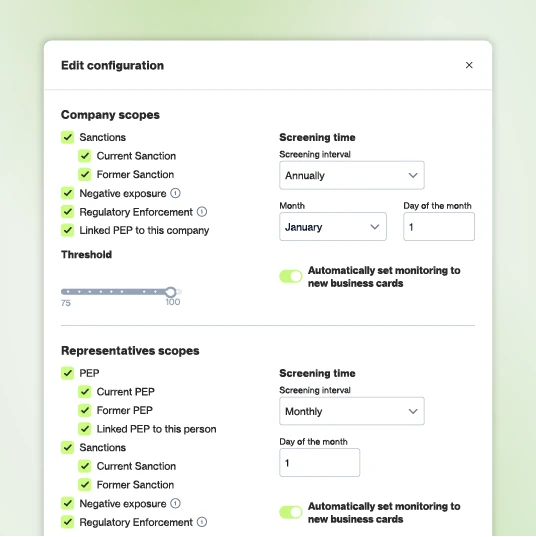 Configuration panel for setting AML screening scopes and schedules for companies and representatives, including options for sanctions, PEPs, negative exposure, and regulatory enforcement.