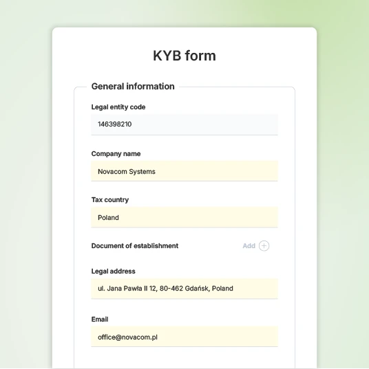 KYB form displaying general company information fields, including legal entity code, company name, tax country, address, and email.