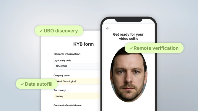 KYB form with prefilled company data and a mobile screen showing a video selfie