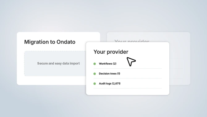 Visual showing secure data migration process from a previous provider to Ondato, including workflows, decision trees, and audit logs.