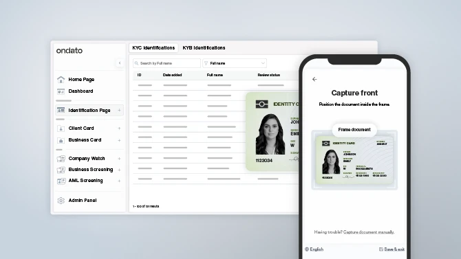 KYC platform interface showing user ID verification status and mobile screen with identity document capture prompt.