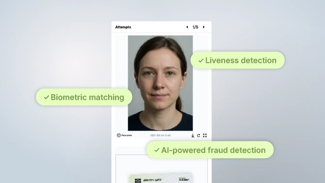 Facial recognition interface highlighting biometric matching, liveness detection, and AI-powered fraud detection features.