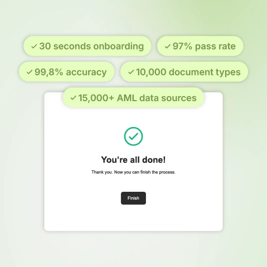 AML onboarding completion screen with confirmation message and performance highlights including speed, accuracy, and data source coverage.