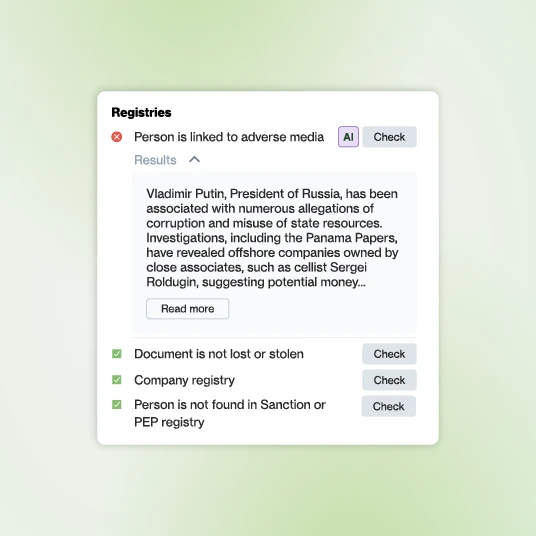 AML screening interface displaying adverse media alert and verification checks for documents, registries, and sanctions.
